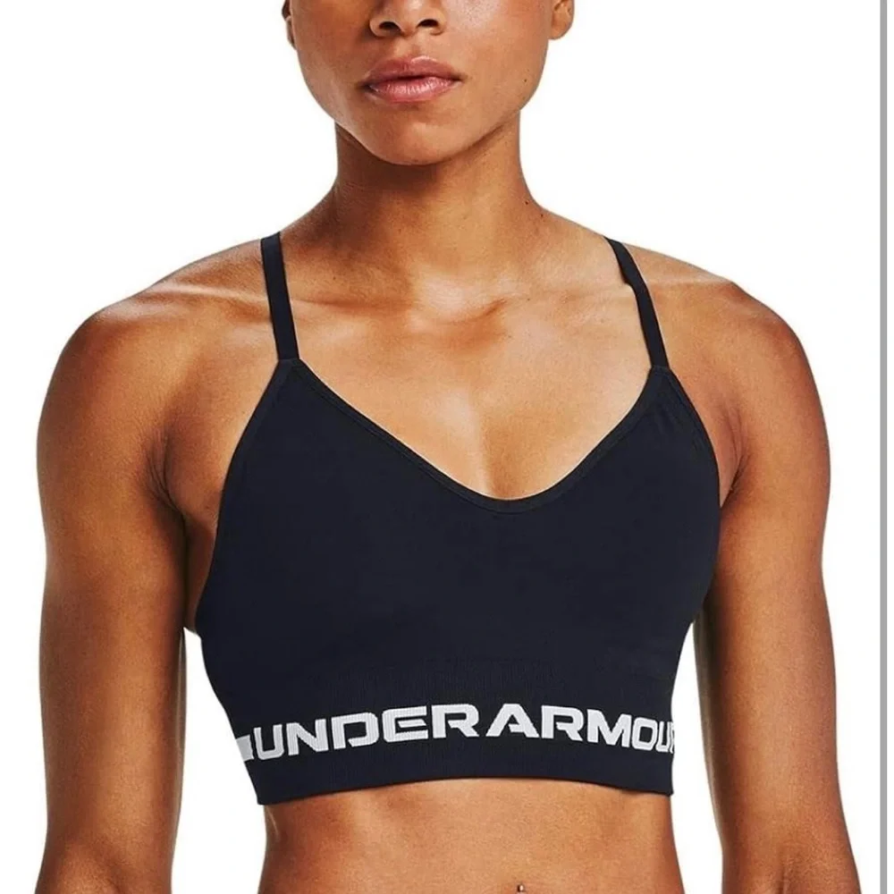 Under Armour Women's Black Sports Bra with white detailing - Picture 2 of 6